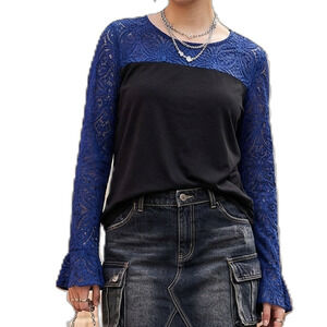 Cato Blue Velvet & Lace Mixed Media Top XL - Cobalt Blue Floral Lace Long Sleeve